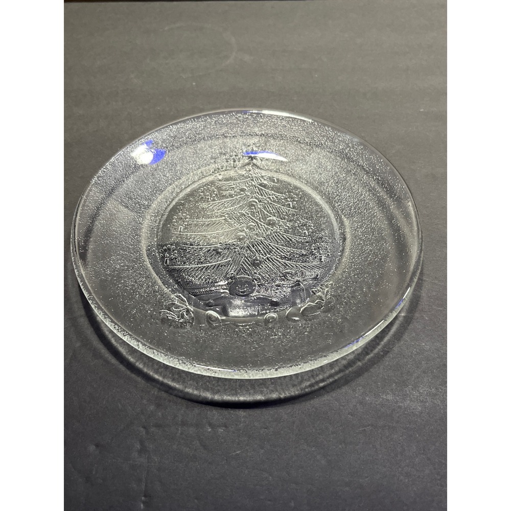 Vintage Christmas Tree Teddy Bear Clear Textured Glass Plates Set of 8 Holiday